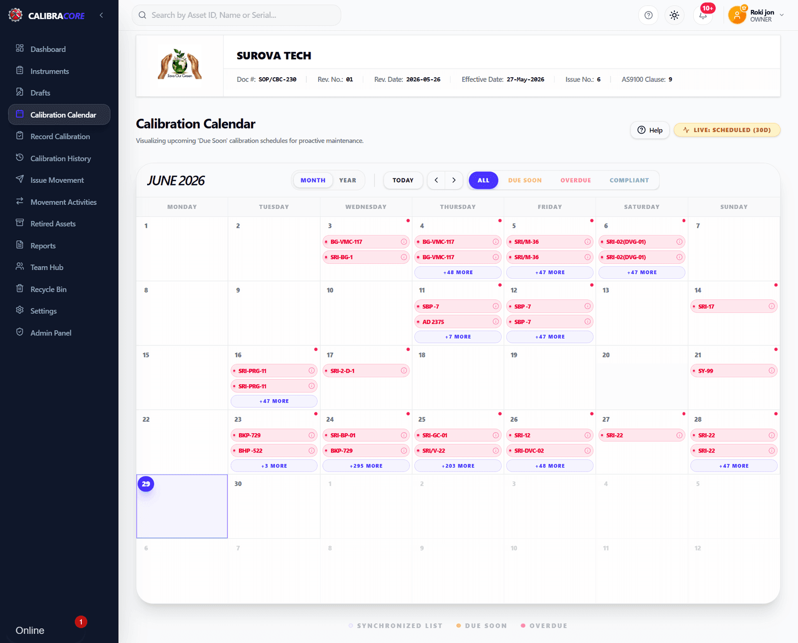 Calibration calendar showing gages due soon and overdue gages across a monthly view